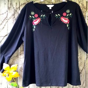 Adiva black embroidered keyhole neck bell sleeve top, XL